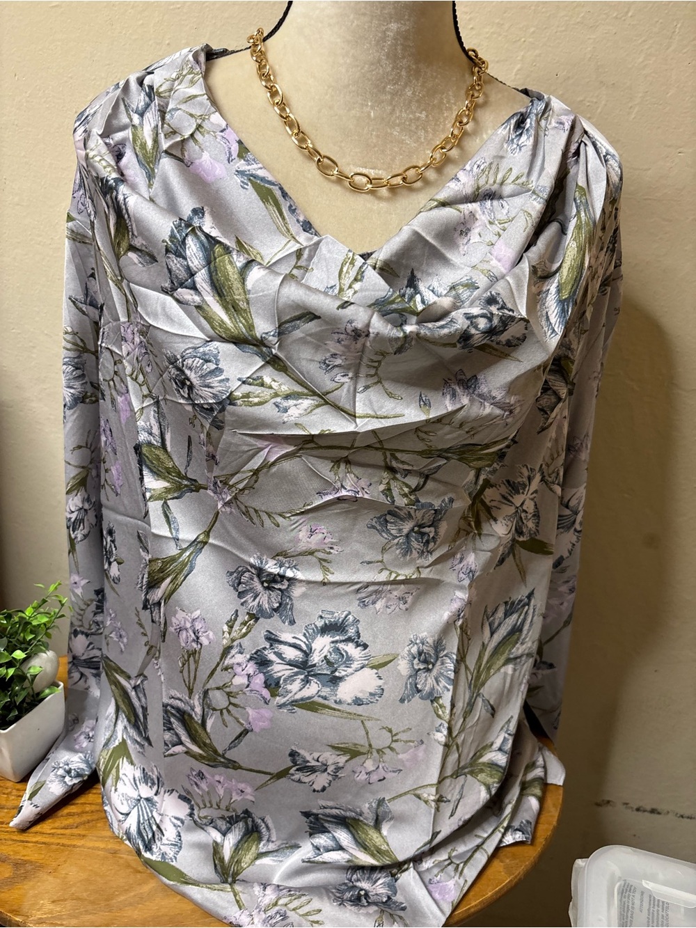 Violet & Claire grey and lavender cow neck blouse